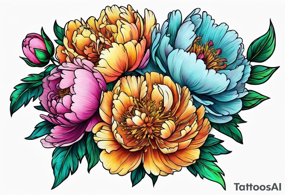 colorful peonies bouquet, neon colored tattoo idea