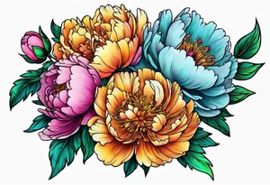 colorful peonies bouquet, neon colored tattoo idea