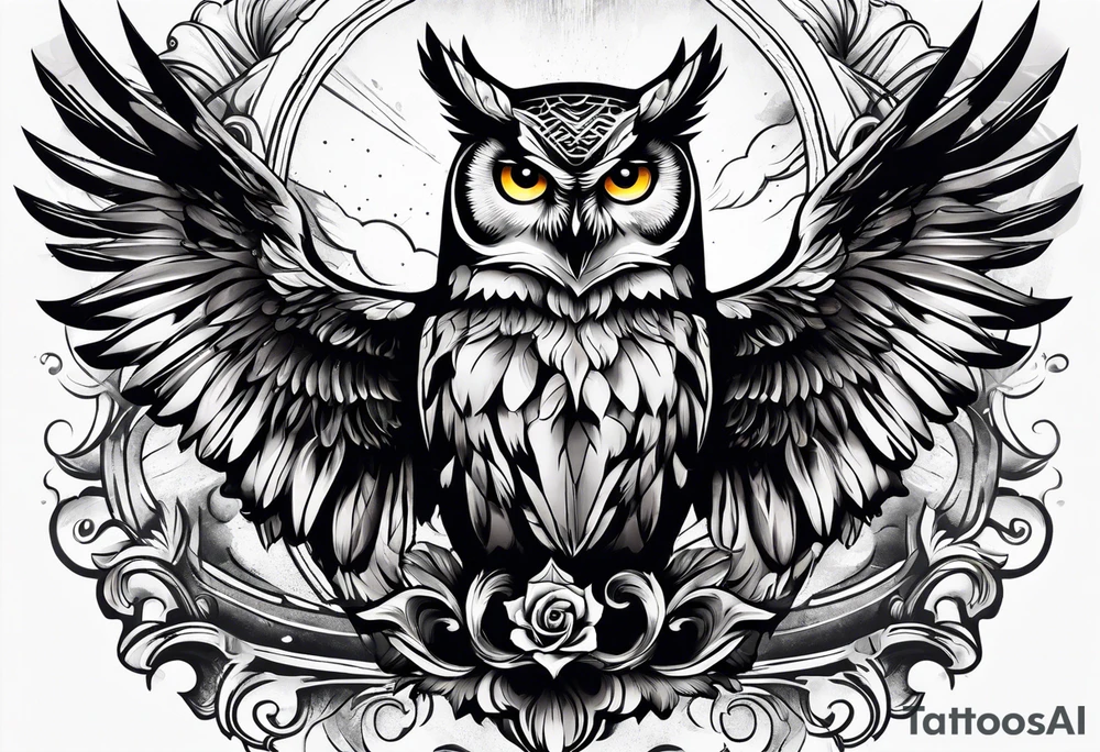 owl with skull in chest and wings tattoo idea