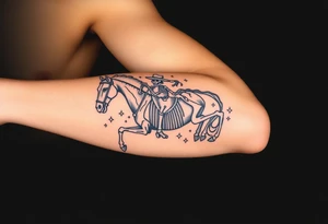 cowboy skeleton riding a horse skeleton on bicep, Fill with (stars, dots, and flowers) tattoo idea