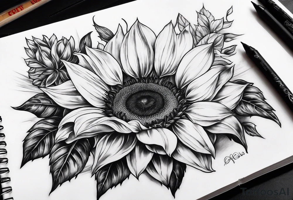 Sunflower, book, flower rose rose & bleu tattoo idea