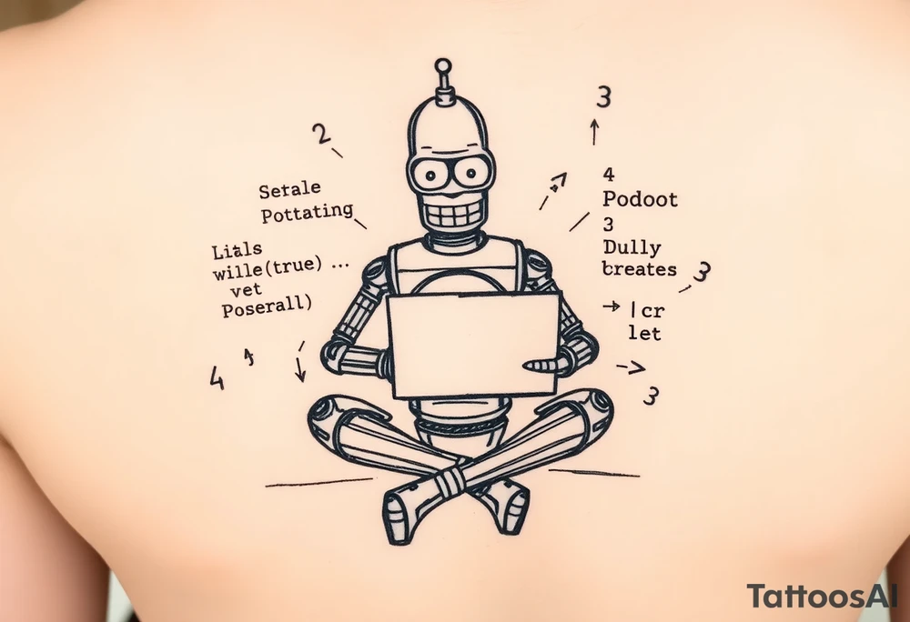 Sketch style tattoo of a robot inspired by Bender from Futurama, sitting cross-legged with a laptop on his lap. Around him are rough, hand-drawn programming symbols like angle brackets, curly braces, and snippets of messy code like 'while (true) {}'. Add sketchy energy lines or sparks, as if he's deeply focused. Black ink only, rough pencil-drawing aesthetic. Designed for shoulder placement tattoo idea