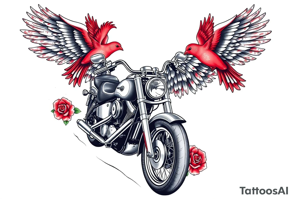 Harley grey motorcycle driving away, two red birds flying, roses, flames, angel wings tattoo idea