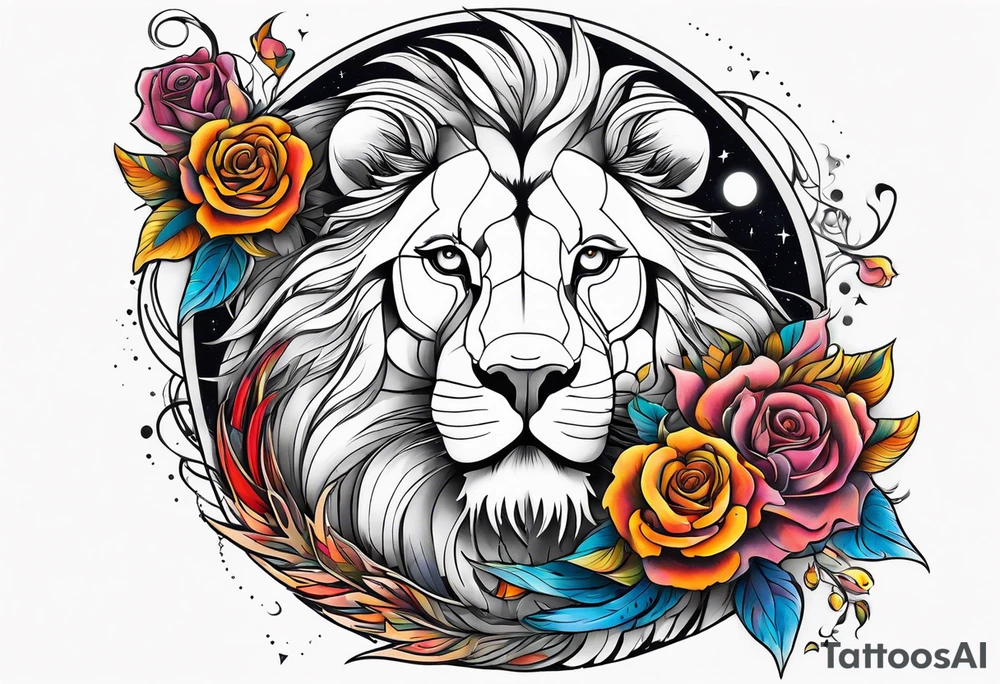 Lion phoenix rose moon tattoo idea