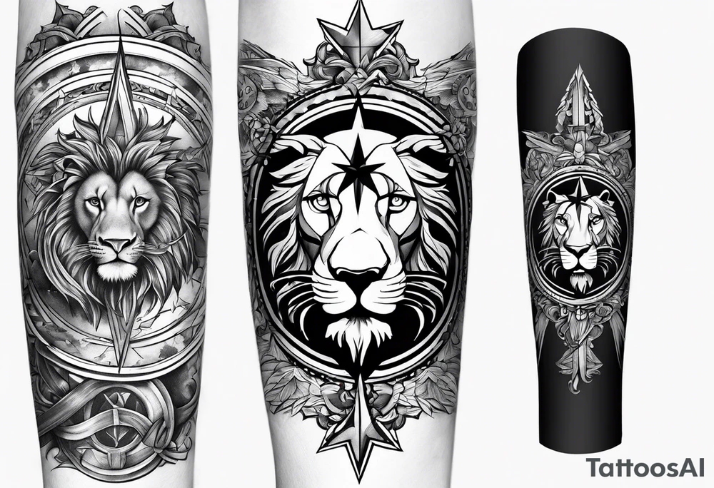 Arm sleeve with PTSD ribbon, compass, cross and lion tattoo idea