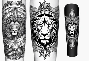 Arm sleeve with PTSD ribbon, compass, cross and lion tattoo idea