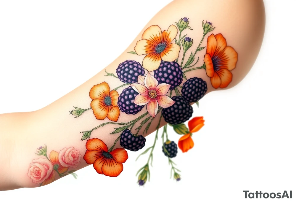 California wildflowers, poppies, and orange and orange blossoms. Blackberries plant/flower. tattoo idea