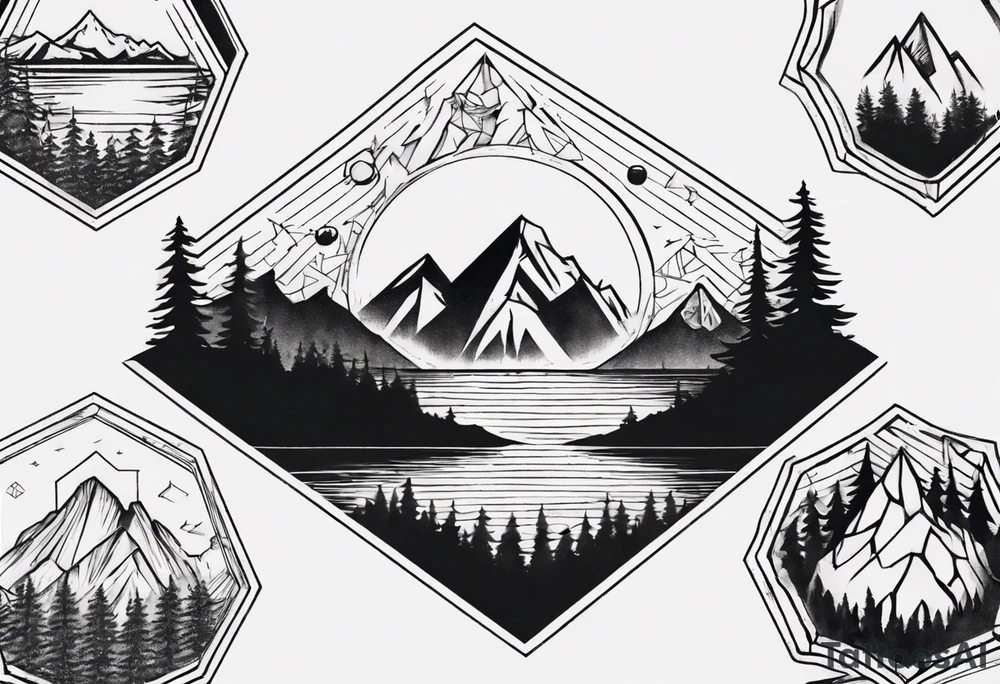 A hexagon with a mountain in the background on the right, the sun on the left, a coniferous forest in the foreground and a lake on the bottom tattoo idea