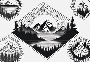 A hexagon with a mountain in the background on the right, the sun on the left, a coniferous forest in the foreground and a lake on the bottom tattoo idea