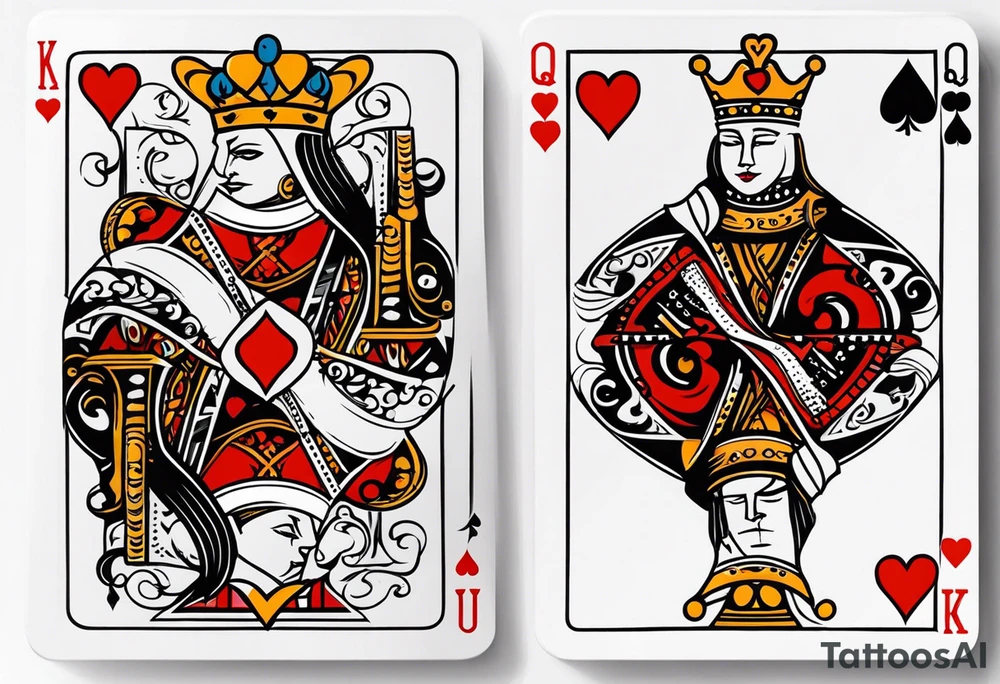 one playing card with both queen of hearts and king of spades incorporated in extreme minimalistic style tattoo idea