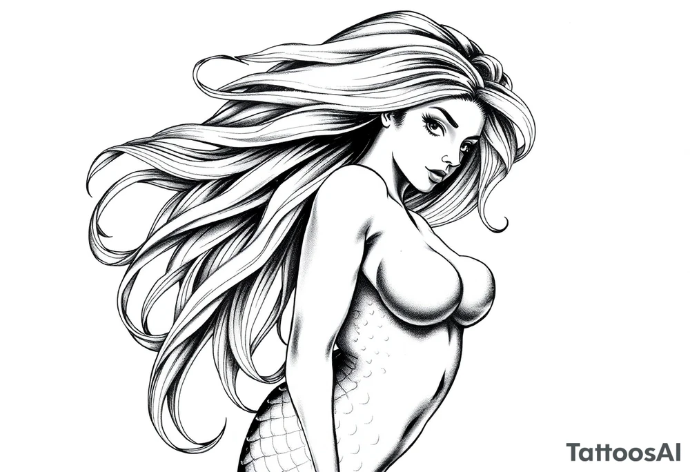 mermaid with flowing hair tattoo idea