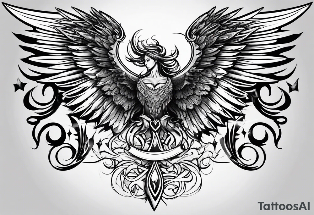 the word Glenn on a banner and angel wings tattoo idea