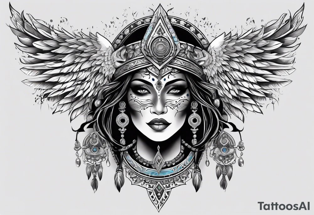 black kali, goddess pirate, alien, pachamama, valkrye, warrior, skull, lotus azul, wing, eagle, zenza resonance, stars, one side chest tattoo idea