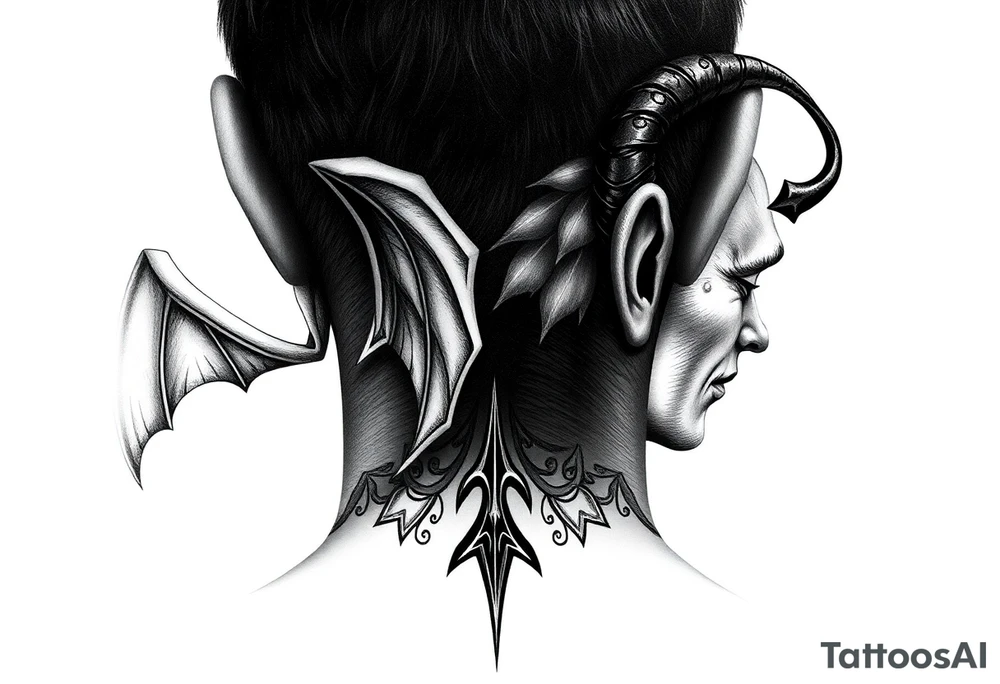 position behind the neck Angel (on the right) whispering in the right ear, demon (on the left) whispering in the left ear. It must be as realistic as possible. tattoo idea