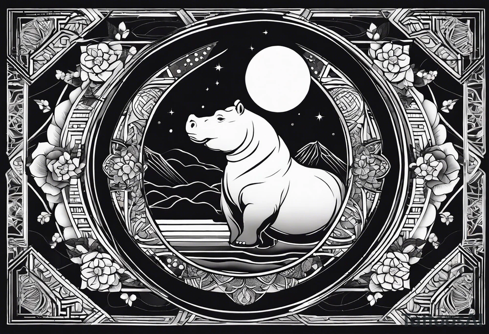 Very asymmetrical, +geometric pattern, with realistic full moon, with seeious looking hippo, +zen feel, + Buddhism touch, +tribal, +geometric
with wintersweet flower bud, +portrait orientation, +inkart touch, tattoo idea