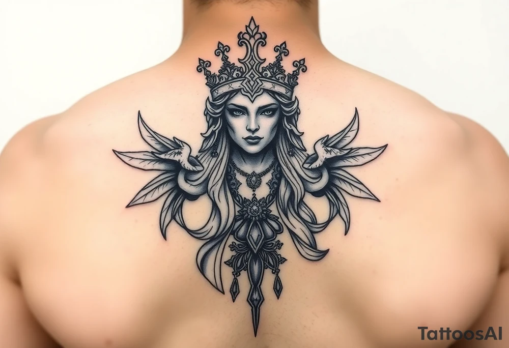 powerful goddess with a crown shape as rempart in a gemotrical style tattoo idea