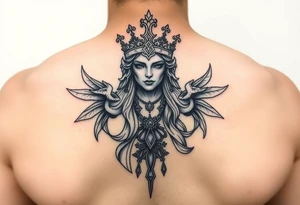 powerful goddess with a crown shape as rempart in a gemotrical style tattoo idea