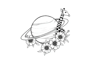 Saturn with a giraffe and marigold flowers tattoo idea