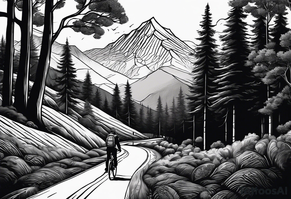 A man with a backpack walking down a road lined with trees, wheeling a bicycle towards a mountain tattoo idea