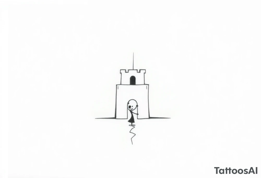 Create a minimalistic tattoo design based on a trapezoid shape representing a trap or siege. The trapezoid is the main background and frame.

Inside the trapezoid:

1. A small, simple castle at the top center with smooth walls and a short tower on one side, symbolizing loneliness.


2. A tiny black brick embedded in the castle wall, representing a 225 mg Tramadol pill — looks like a small dark dot from afar.


3. A small smiling mask on the tower with two dots for eyes and a curved line for a mouth, symbolizing hiding inner pain behind a smile.


4. A thin, irregular crack running from the bottom to the top of the castle wall, representing inner wounds and fractures.


5. A thin diagonal ray of light shining from one of the castle windows, symbolizing hope amidst darkness.


6. An abstract, minimal dancer figure in the castle courtyard made with simple lines, symbolizing dancing and perseverance despite being trapped.



The overall design should look clean and geometric from afar, but each element carries personal symbolism and emotional depth. tattoo idea