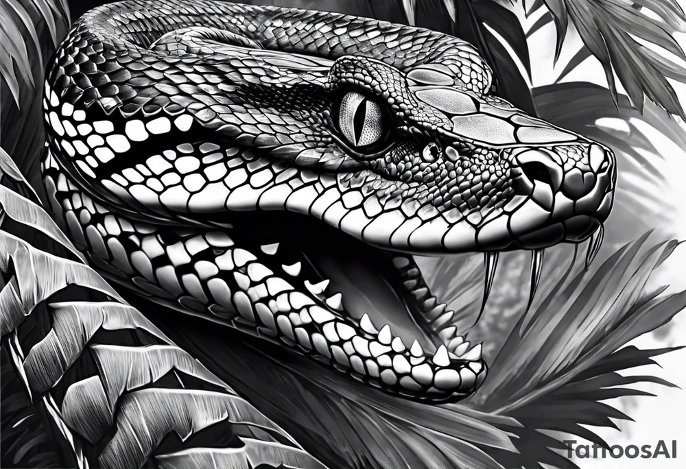 Black and grey realism with a western diamondback snake rainforest background for a forearm sleeve. Create the snake to have aggressive features, coiled and mouth open showing fangs tattoo idea