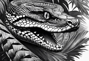 Black and grey realism with a western diamondback snake rainforest background for a forearm sleeve. Create the snake to have aggressive features, coiled and mouth open showing fangs tattoo idea