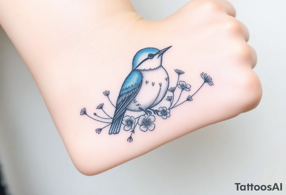 Puffy bluebird surrounded by wild flowers tattoo idea