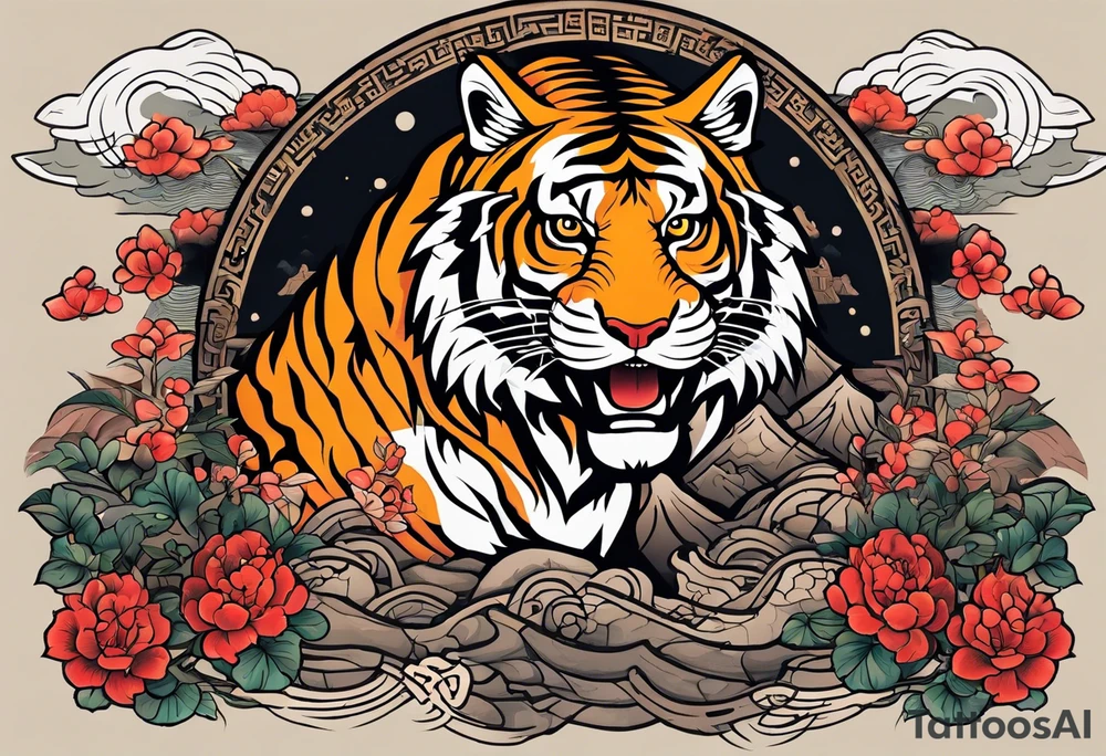 In English:

Create for me a tattoo in the Chinese style featuring a tiger, a rat, a snake, the Great Wall of China, and a temple. tattoo idea