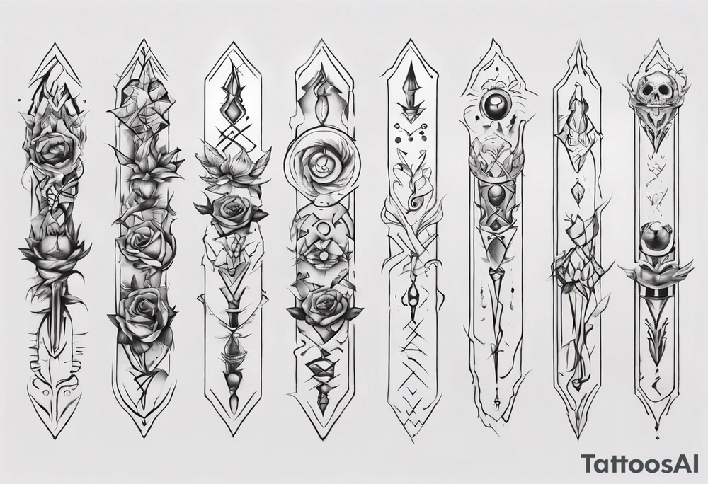 Design a vertical tattoo where shapes and lines represent various stages of my life, reflecting the evolution of my character and perception. Ensure it suits the placement on the back of the forearm tattoo idea