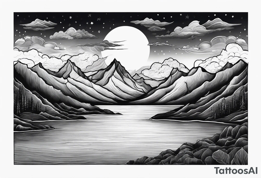 Mountain Range coming Out of the sea and Clouds. Sunrise in Front of it. Half moon and night Sky above the Mountains. tattoo idea