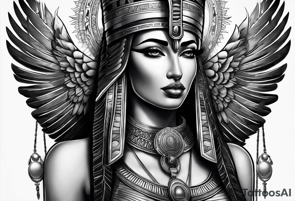 black and gray photo realistic goddess isis with minimal detail tattoo idea
