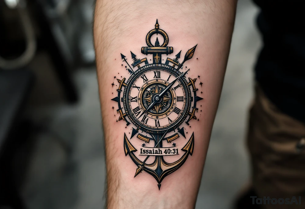 steampunk half compass/clock with a full-length arrow and anchor saying "Isaiah 40:31" tattoo idea