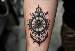 steampunk half compass/clock with a full-length arrow and anchor saying "Isaiah 40:31" tattoo idea