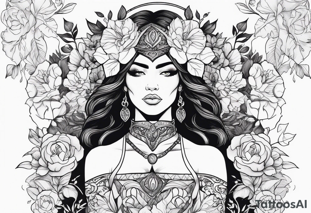 Full body Powerful sexy warrior woman wearing animal fur surrounded by flowers and vines tattoo idea
