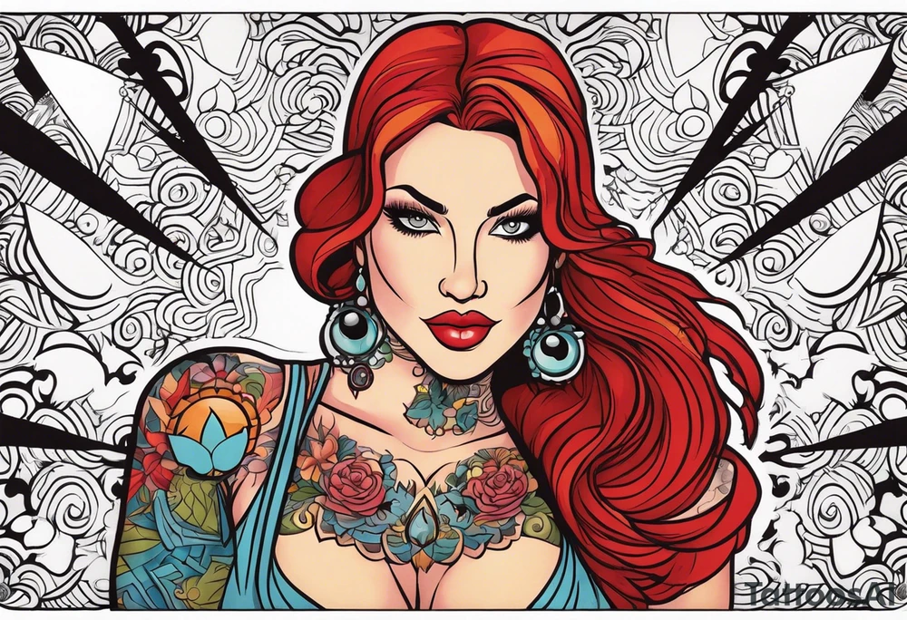 Busty Red haired woman with black haired bearded man tattoo idea