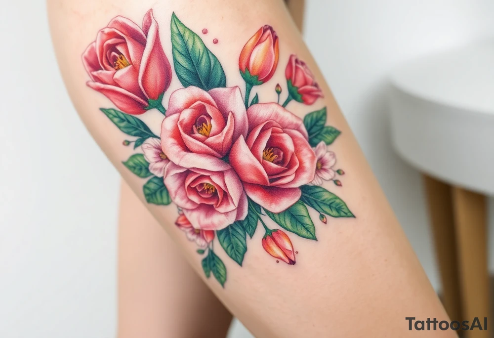 Realistic roses tulips and lilies 
and leaves with embellishments tattoo idea