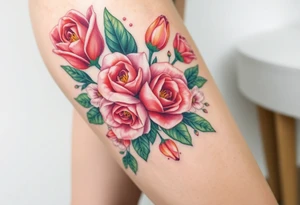 Realistic roses tulips and lilies 
and leaves with embellishments tattoo idea
