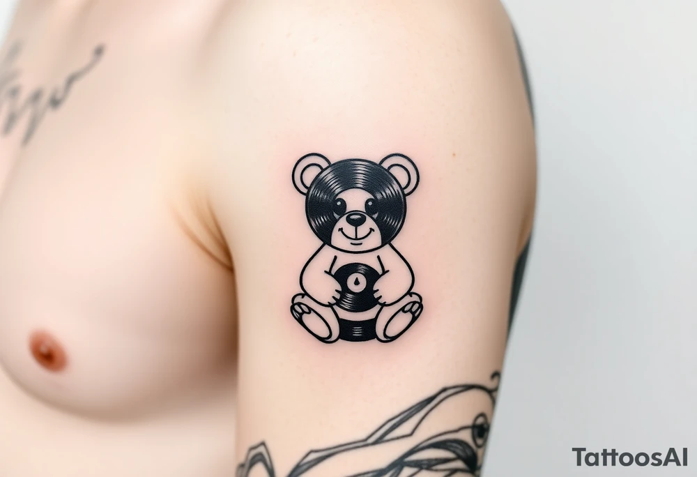 minimalist teddy bear with vinyl records as eyes smiling and sitting on a record tattoo idea
