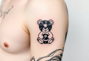 minimalist teddy bear with vinyl records as eyes smiling and sitting on a record tattoo idea