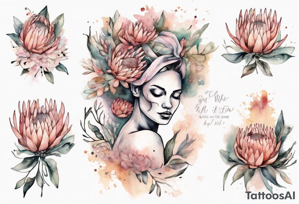 Create a very feminine tattoo of a full figure dancing woman surrounded by protea flowers. Add the words: God is within her, she will not fall. tattoo idea