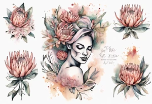 Create a very feminine tattoo of a full figure dancing woman surrounded by protea flowers. Add the words: God is within her, she will not fall. tattoo idea