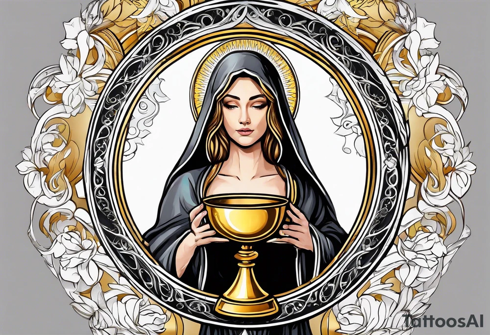 woman saint holding chalice surrounded by golden halo sideways tattoo idea