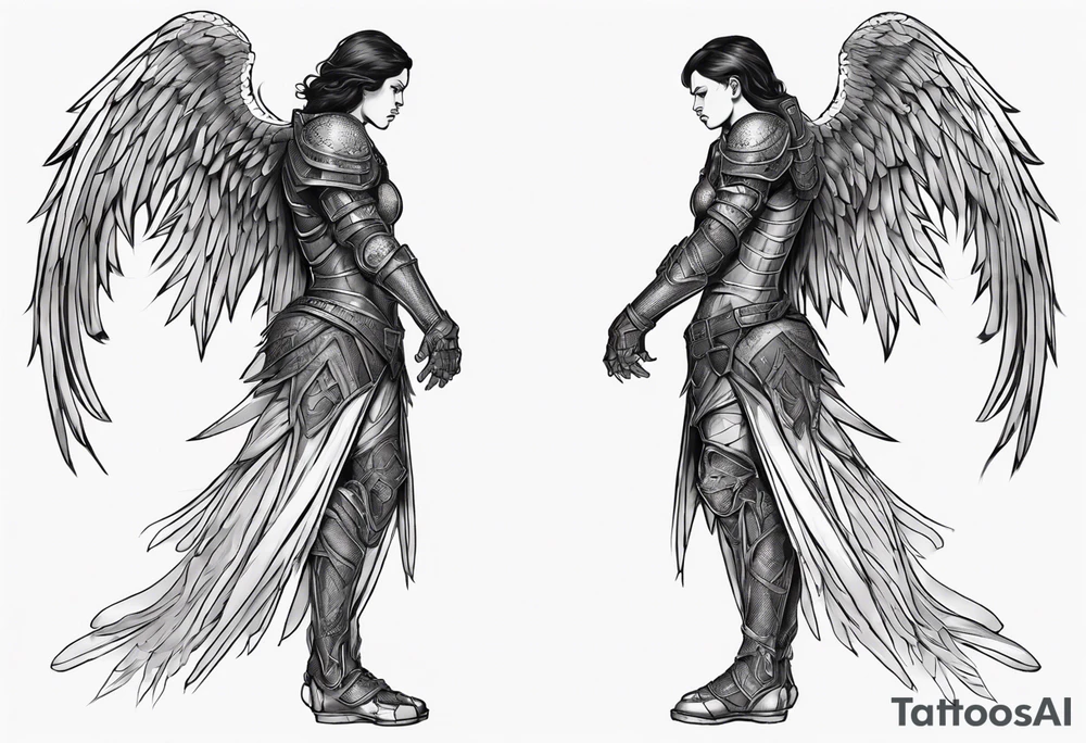 Side view of an black angel wearing inorganic armor that is in mid-air ready to attack tattoo idea