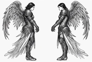 Side view of an black angel wearing inorganic armor that is in mid-air ready to attack tattoo idea