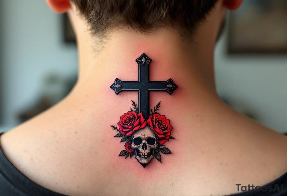 Cross with Skull and Roses – A small cross in shaded black intertwined with red roses and skull motifs at the base in the back of a nack, adding an edge with a combination of deep shadows and highlights. tattoo idea
