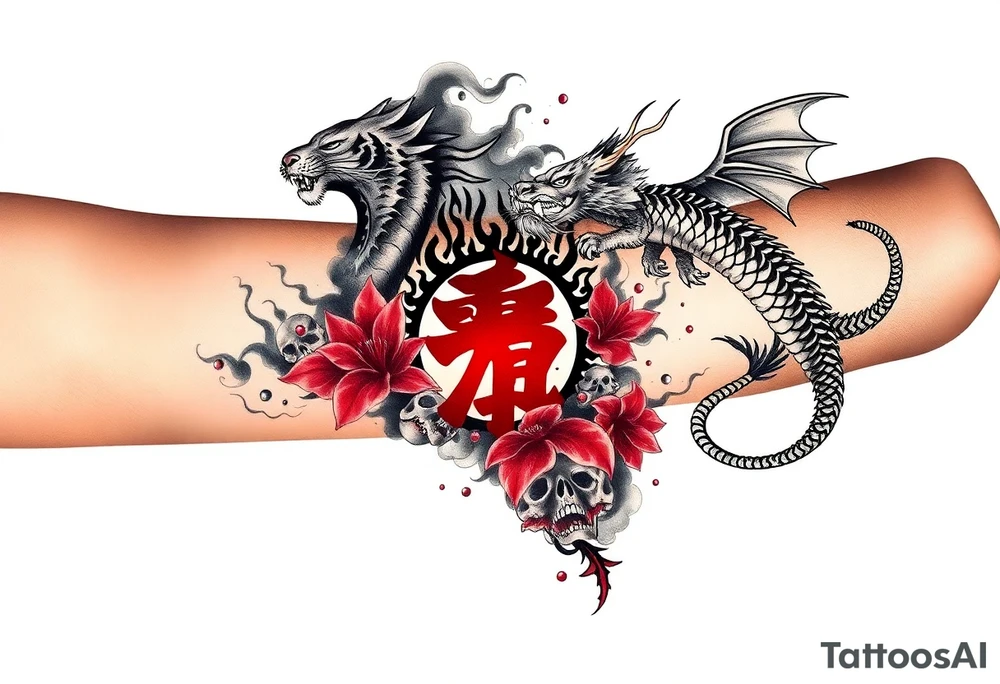Dragon flying up on right side, tiger with skulls crawling down on left, centered kanji tattoo (red), big red spider lilies in background, smoke/cloud effects. Outer forearm sleeve tattoo idea