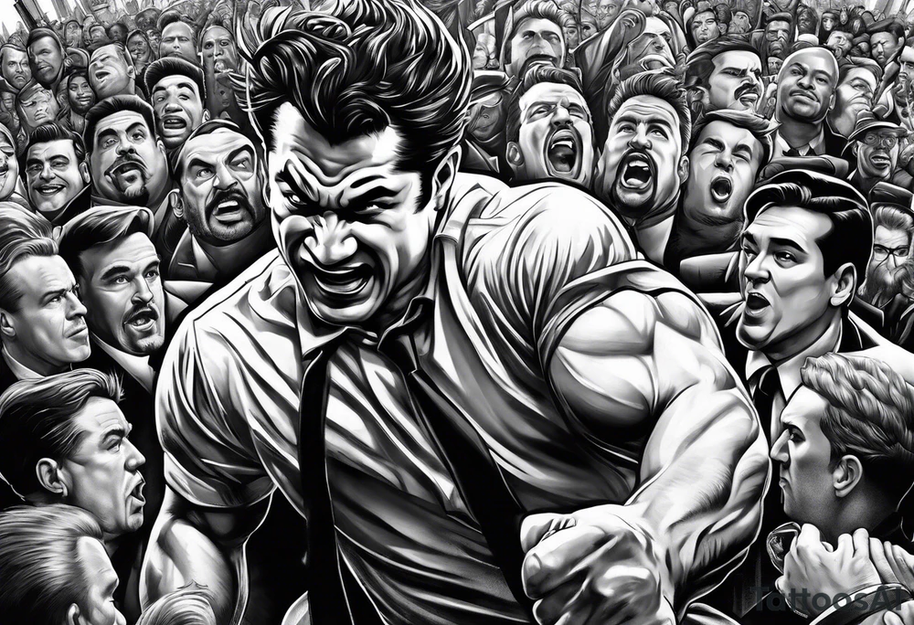 raging bull head busting through crowd of businessmen tattoo idea