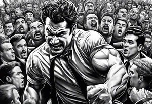 raging bull head busting through crowd of businessmen tattoo idea