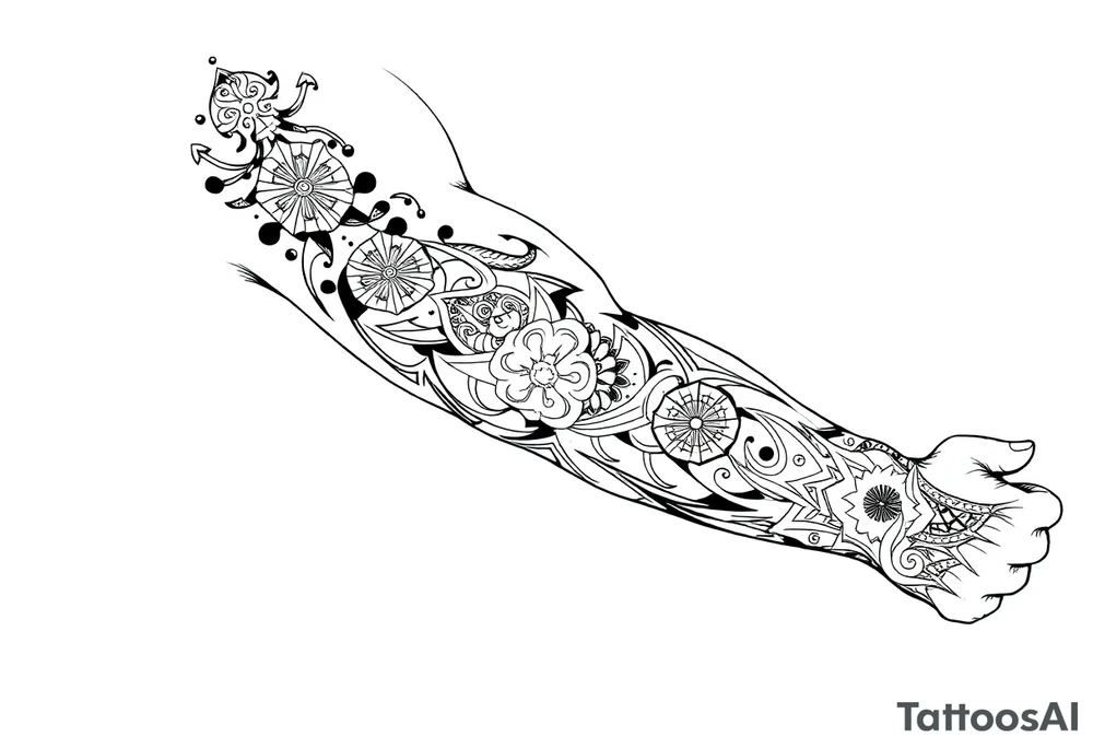Sicilian Forearm tribal sleeve with patterns and symbols tattoo idea