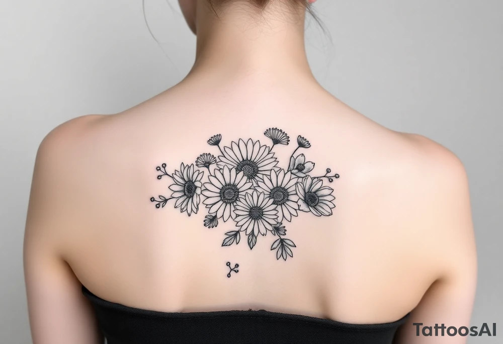 Honeysuckle, marigold, chrysanthemum, and violet bouquet tattoo idea